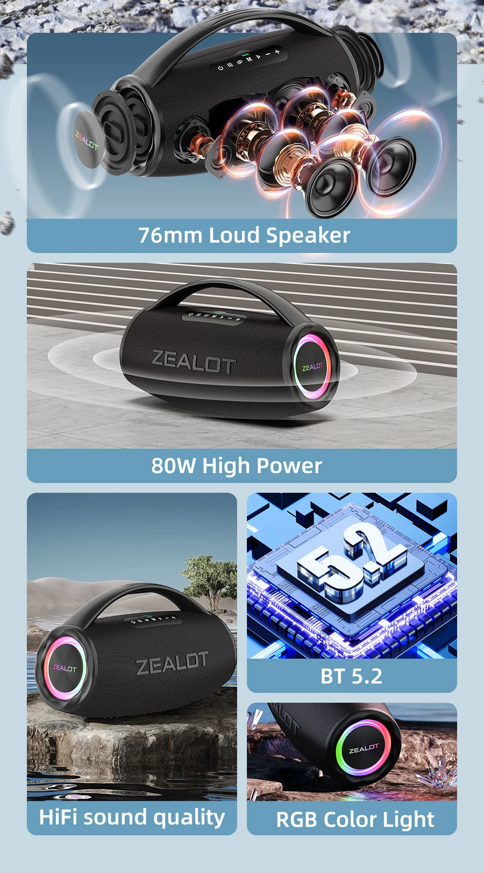 Caixa de Som Boombox - ZEALOT-S97 80W Bluetooth