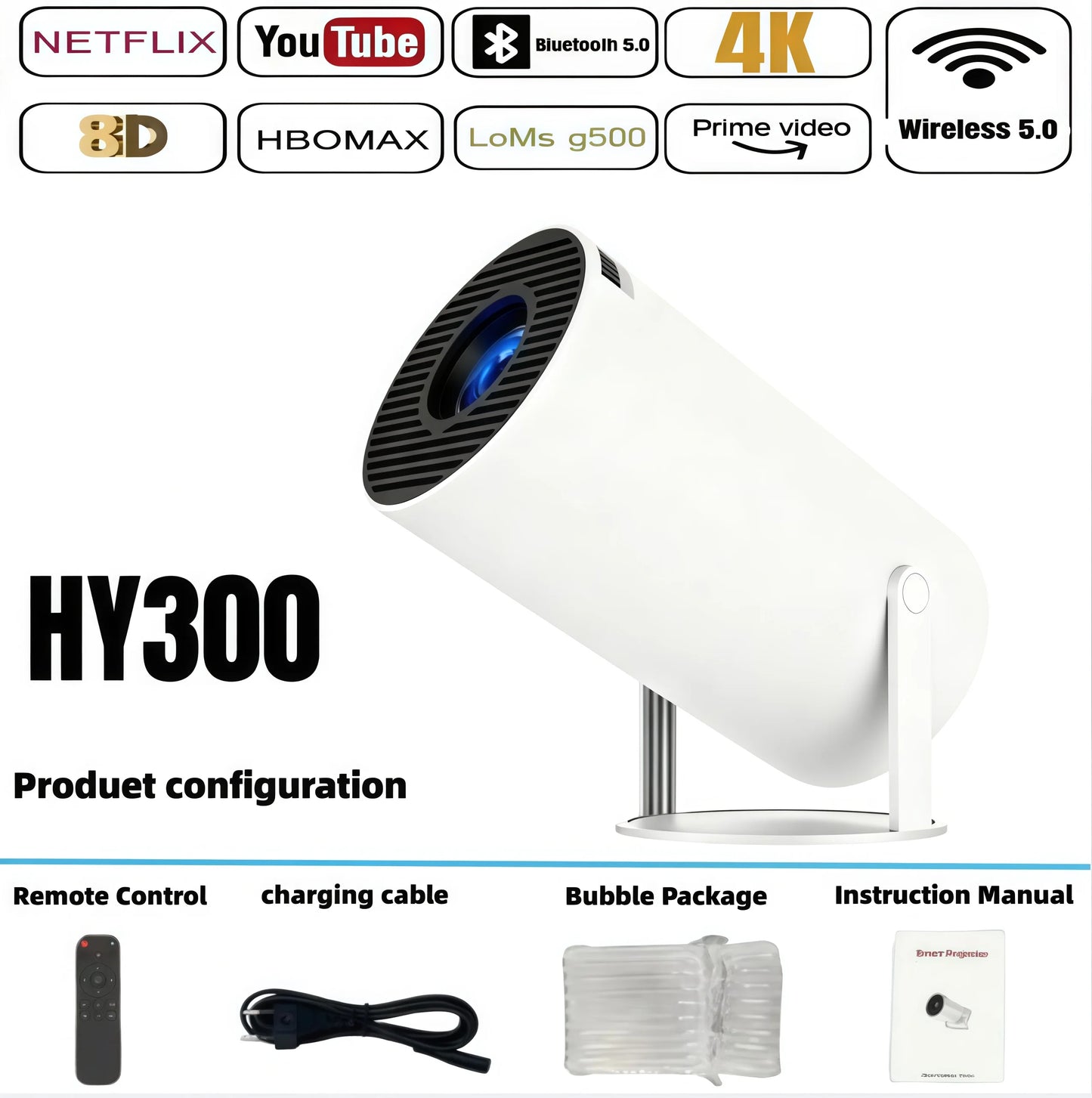 Projetor Portátil HY300 Smart 4K